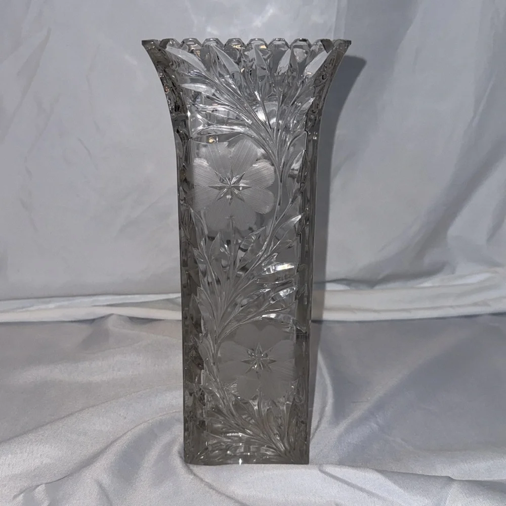 Antique MCKEE Floral Crystal Heavy Glass Vase with Etched Flowers and Leaves